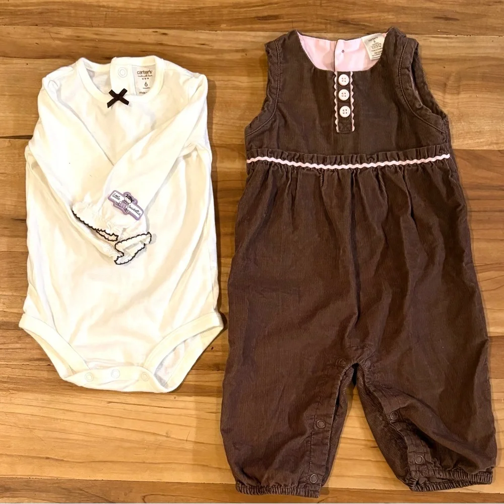 Vintage Carter’s Brown and Pink Corduroy Romper, Matching Undershirt, Size 6 mo